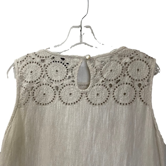 DANA BUCHMAN Cream Linen Crochet Sleeveless Shift Dress Boho Coastal S/M - Picture 5 of 12